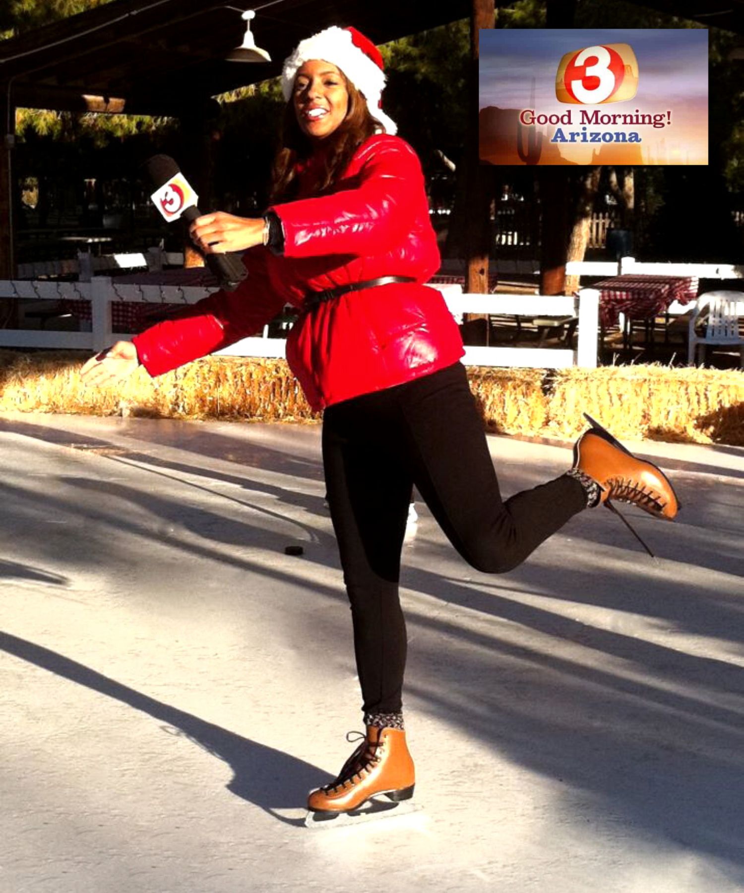 TV personality ice skating on artificial ice surface in Arizona